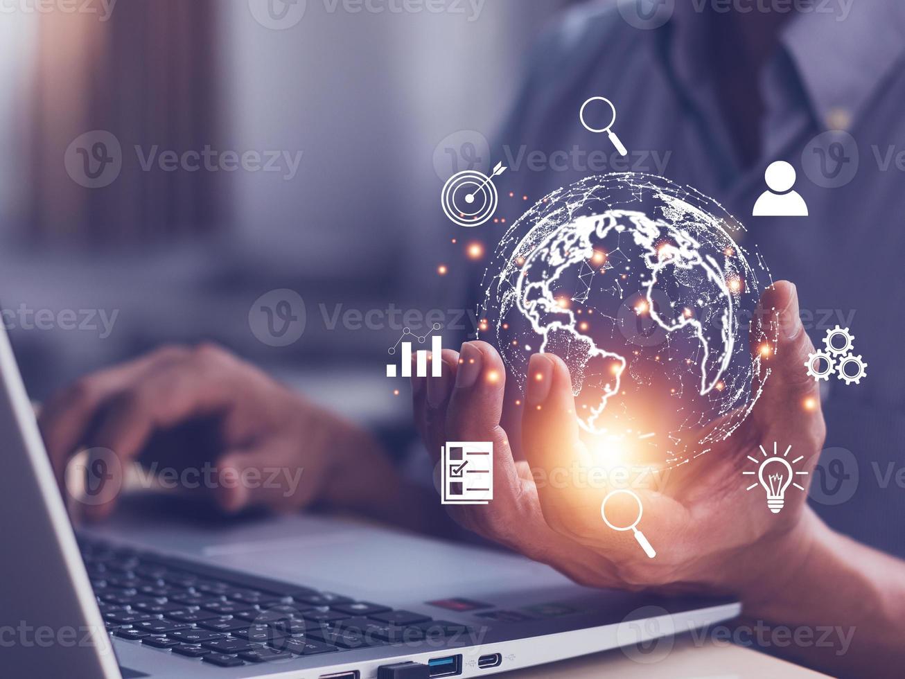 Man  holding virtual Global Internet connection metaverse. Business global internet connection application technology and digital marketing, Financial and banking, Digital link tech, big data. photo