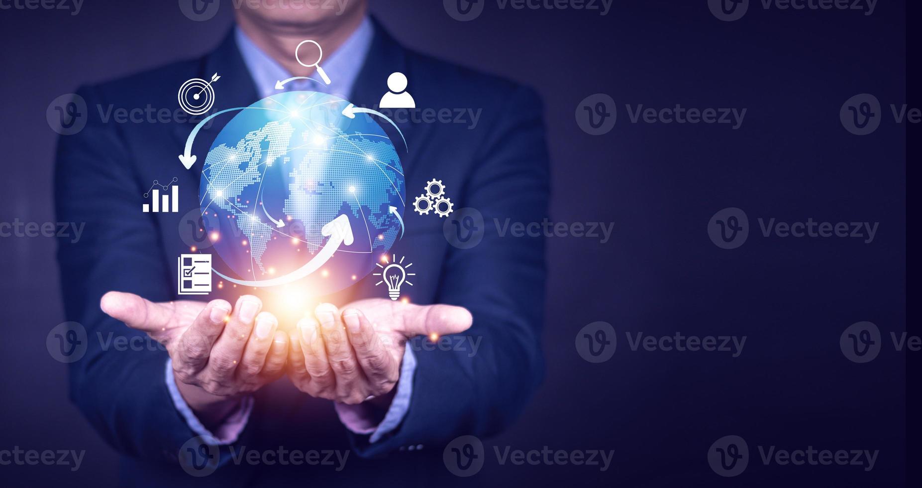 Businessman using mobile smart phone. Business global internet connection application technology and digital marketing, Financial and banking, Digital link tech, big data. photo