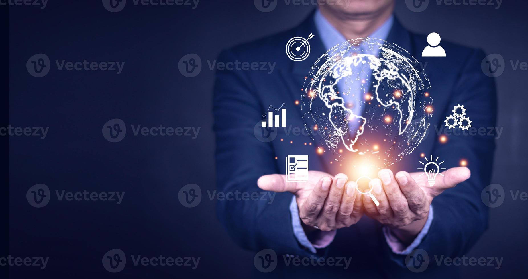 Businessman using mobile smart phone. Business global internet connection application technology and digital marketing, Financial and banking, Digital link tech, big data. photo