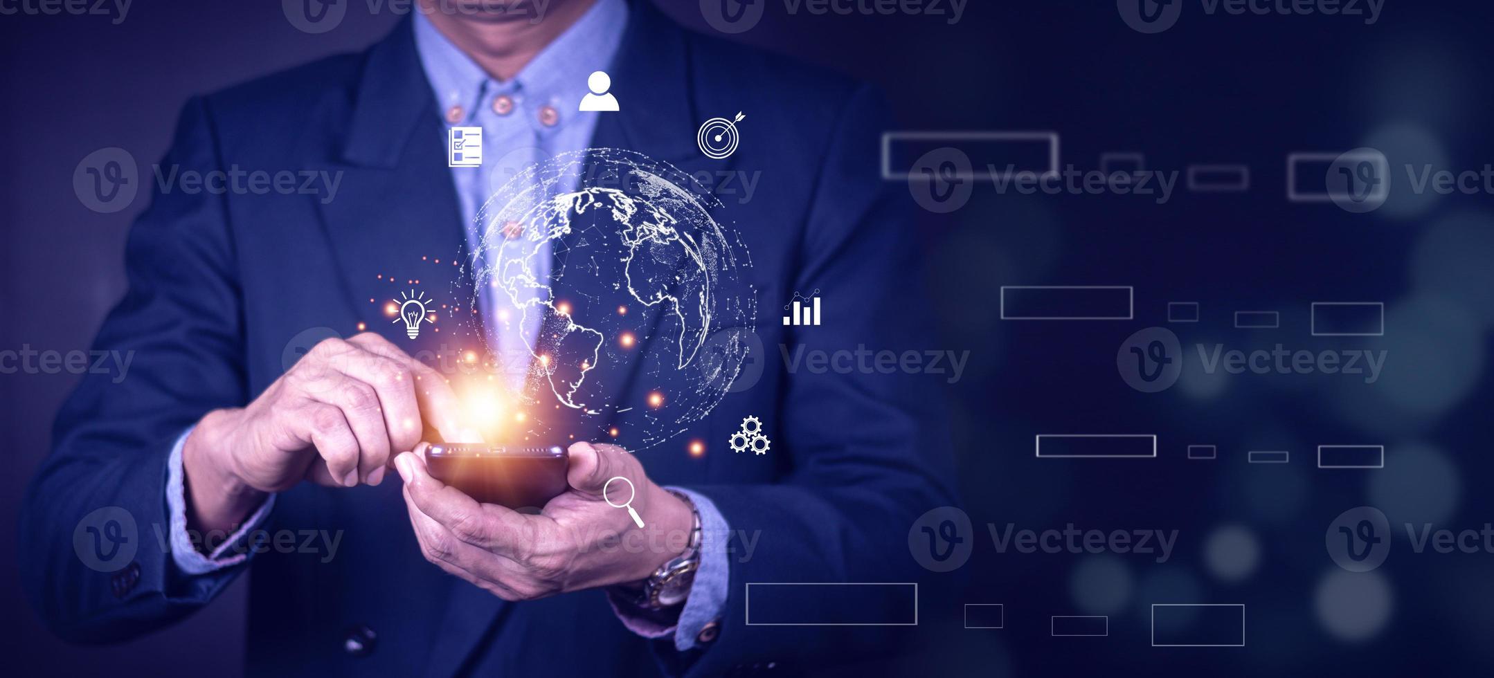 Businessman using mobile smart phone. Business global internet connection application technology and digital marketing, Financial and banking, Digital link tech, big data. photo