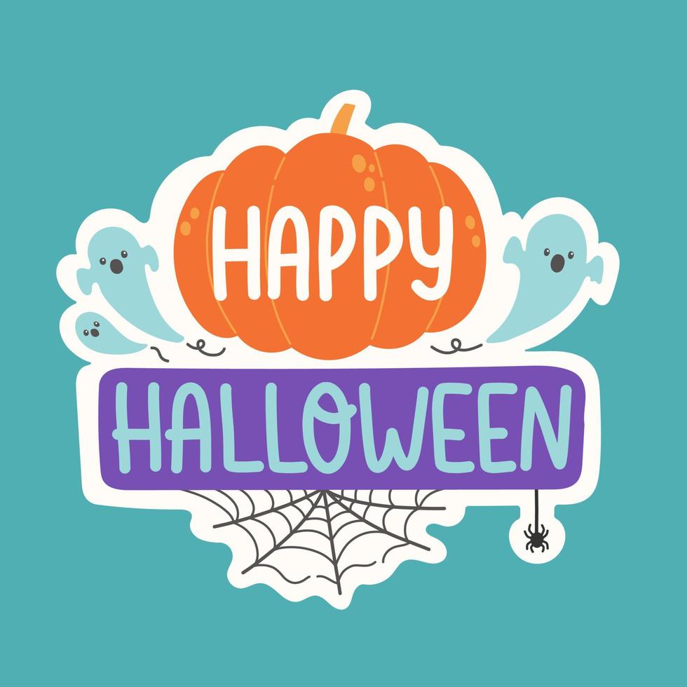 Happy Halloween lettering pumpkin ghosts spider and spider web vector illustration