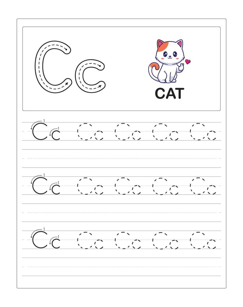Children's Colorful Alphabet tracing practice worksheets, C is for Cat vector