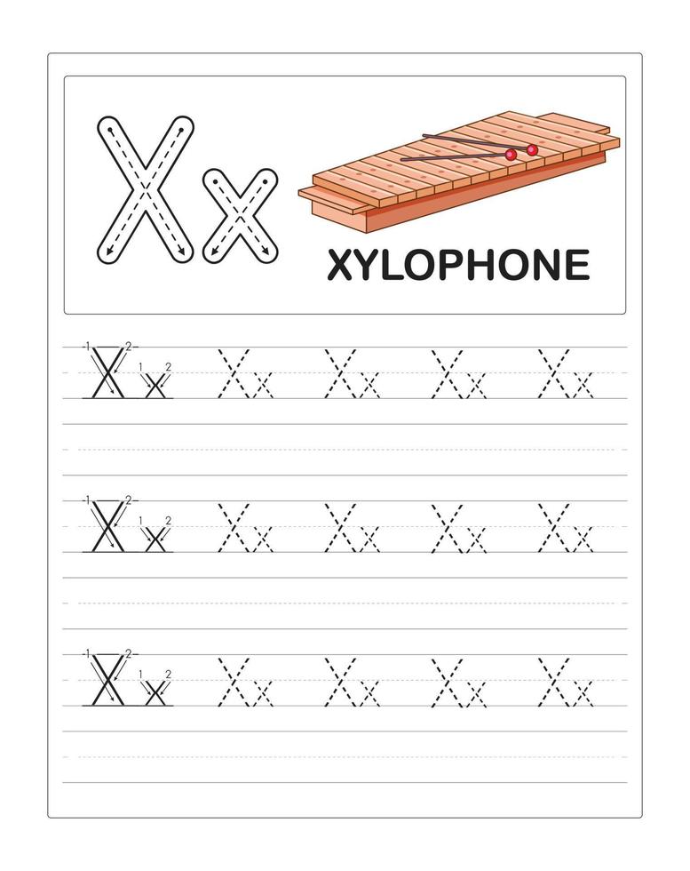 hojas de trabajo de práctica de trazado del alfabeto colorido para niños, x es para xilófono vector