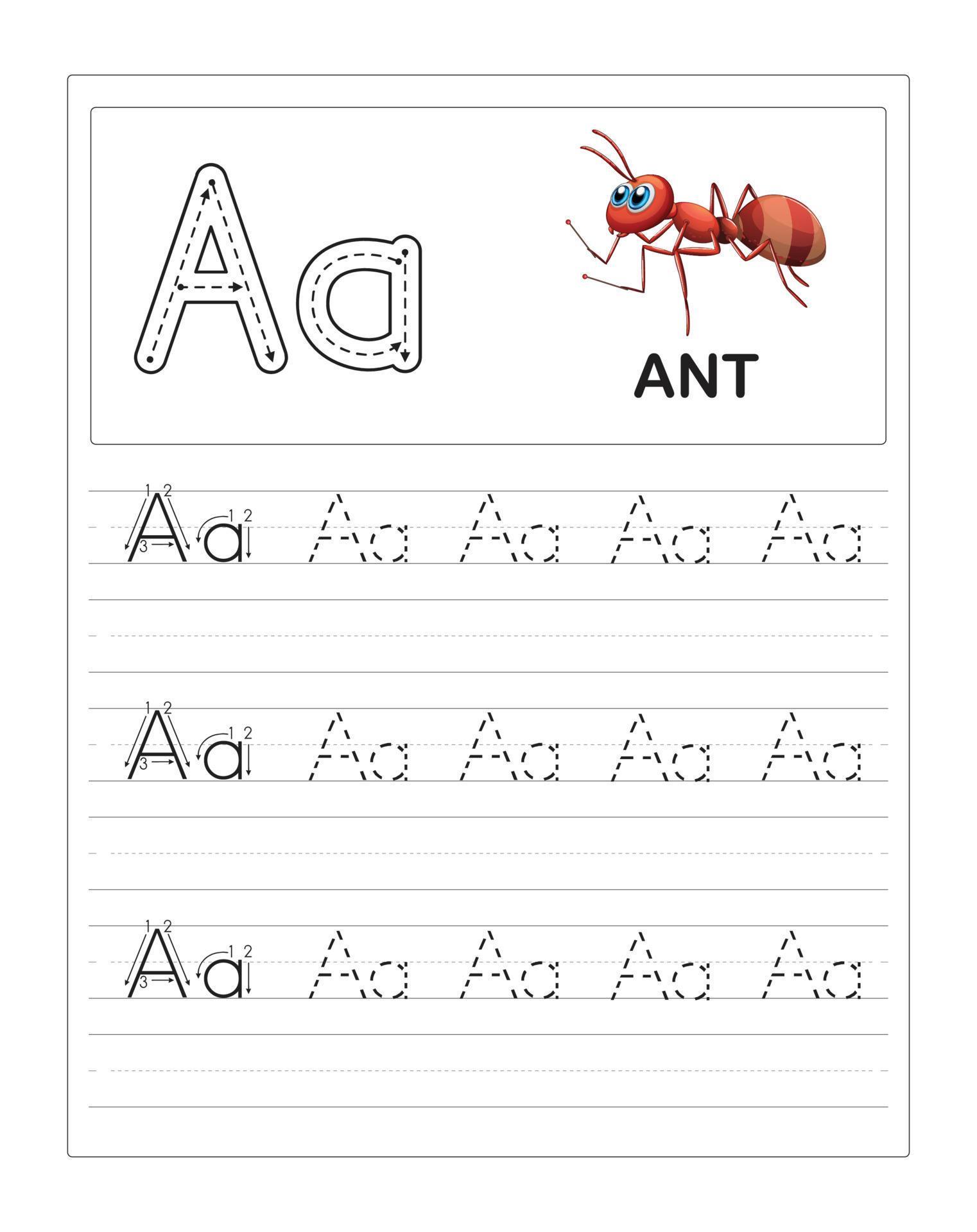Children's Colorful Alphabet tracing practice worksheets, A is for Ant