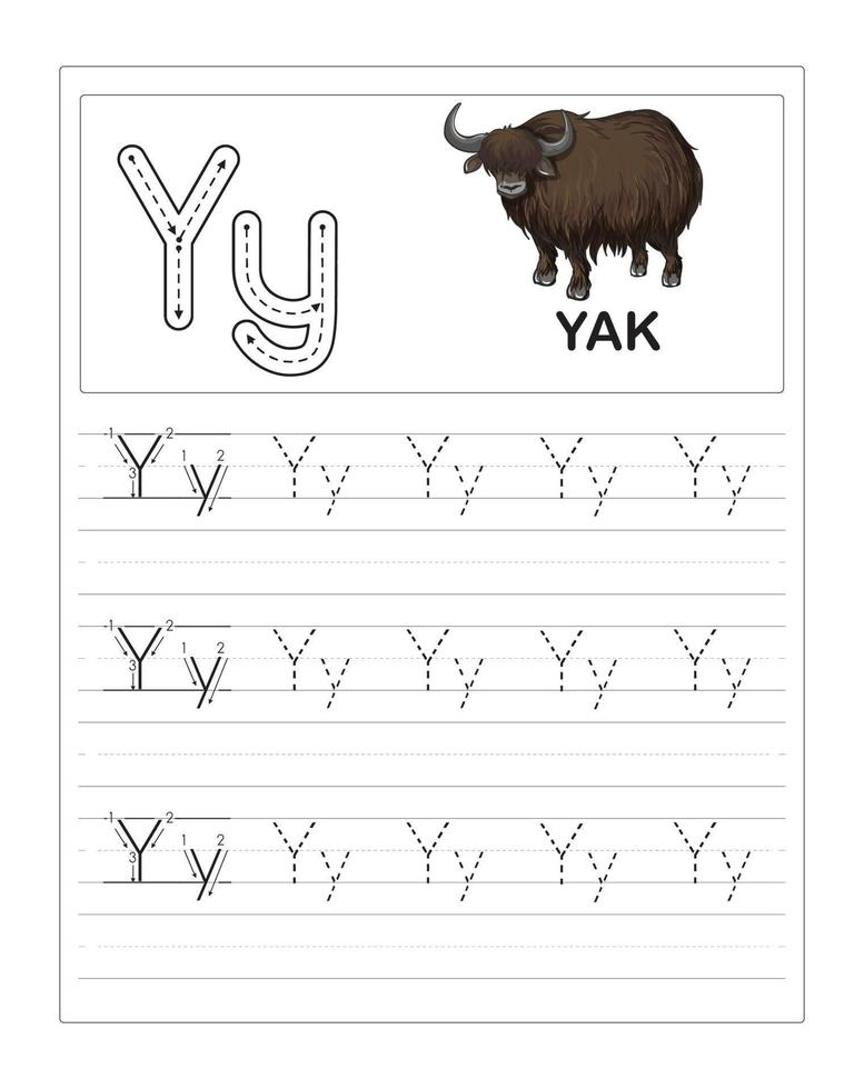 hojas de trabajo de práctica de rastreo del alfabeto colorido para niños, y es para yak vector
