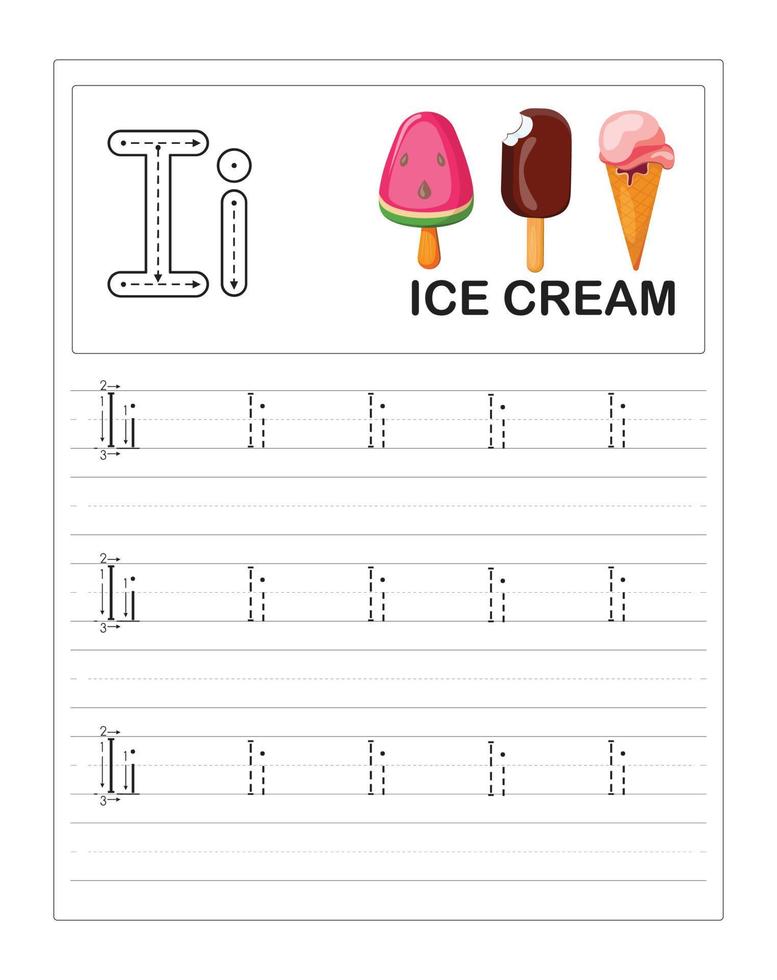 Children's Colorful Alphabet tracing practice worksheets, I is for Ice Cream vector