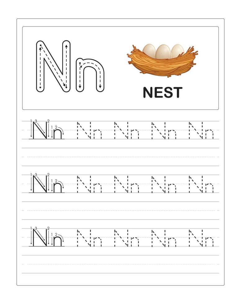 Children's Colorful Alphabet tracing practice worksheets, N is for Nest vector
