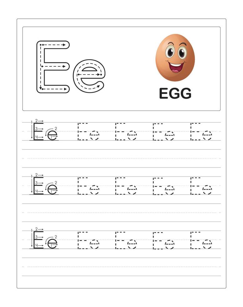 hojas de trabajo de práctica de rastreo del alfabeto colorido para niños, e es para huevo vector