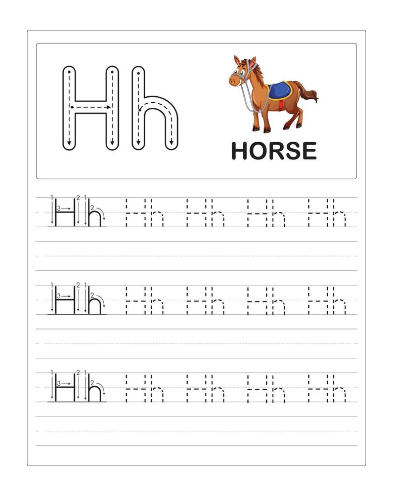 hojas de trabajo de práctica de rastreo del alfabeto colorido para niños, h es para caballo vector