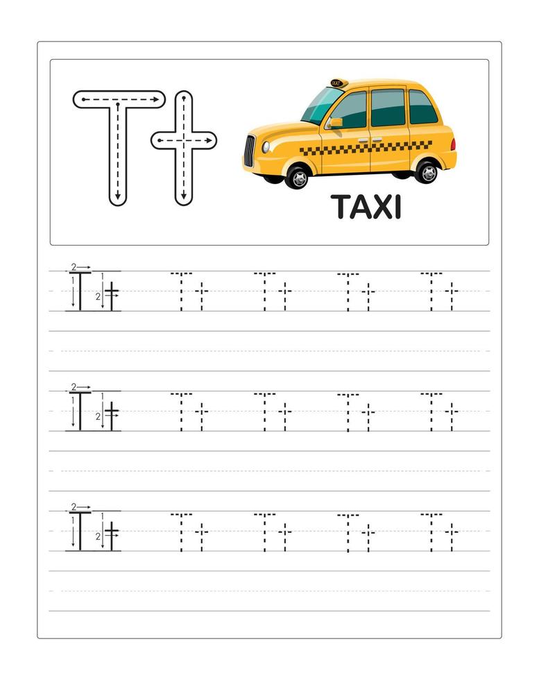 Children's Colorful Alphabet tracing practice worksheets, T is for Taxi vector