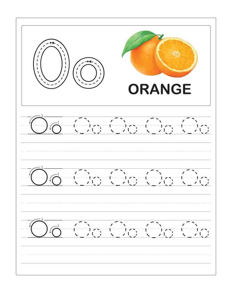 Children's Colorful Alphabet tracing practice worksheets, O is for Orange vector