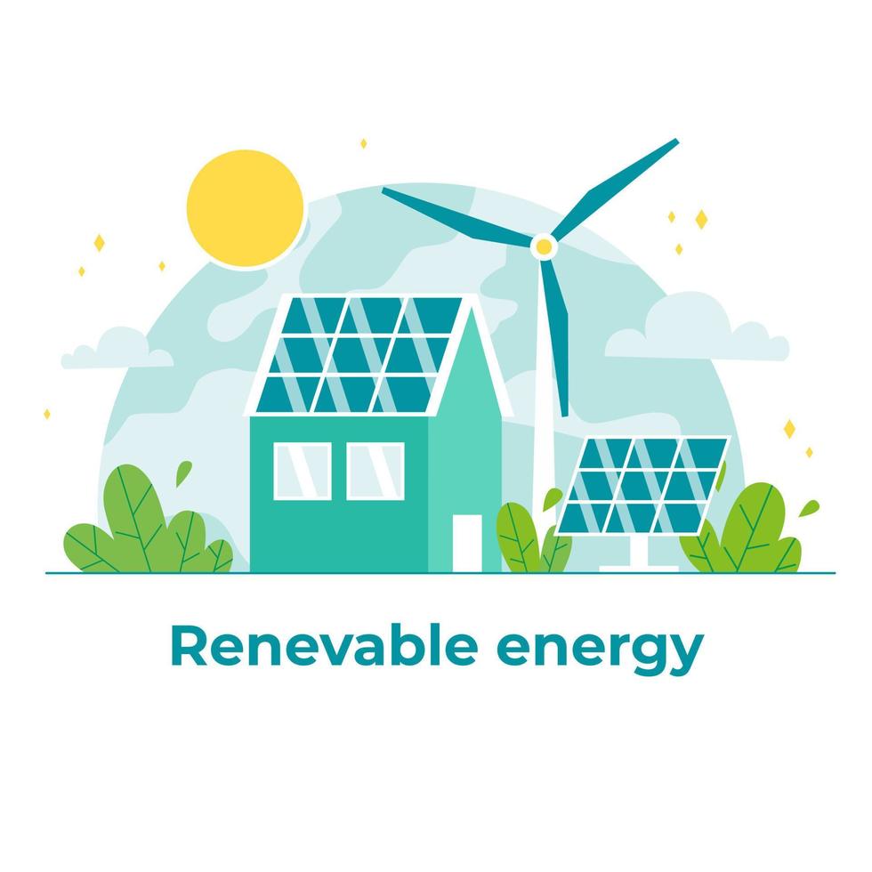 Renewable, sustainable and energy source. Wind mills, solar panels and house station. Green energy and ecology concept. Flat vector illustration.
