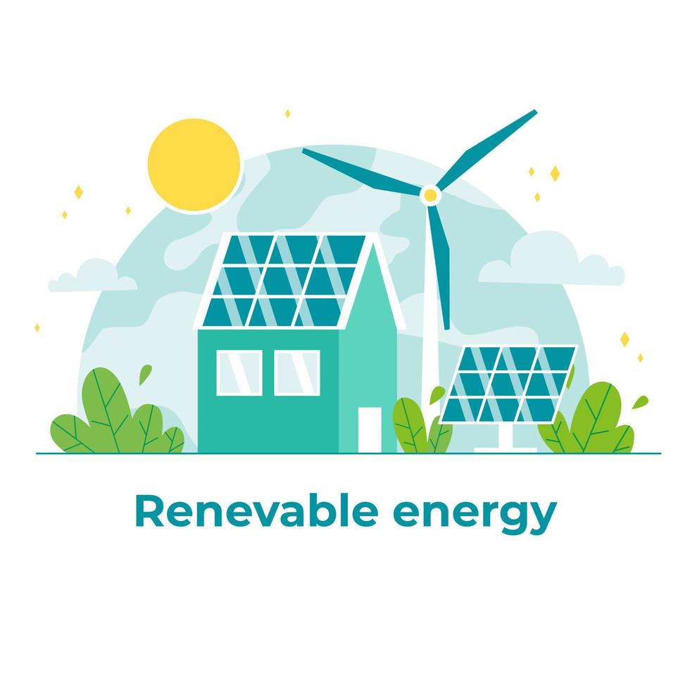 renovable, sostenible y fuente de energía. molinos de viento, paneles solares y casa estación. concepto de energía verde y ecología. ilustración vectorial plana. vector