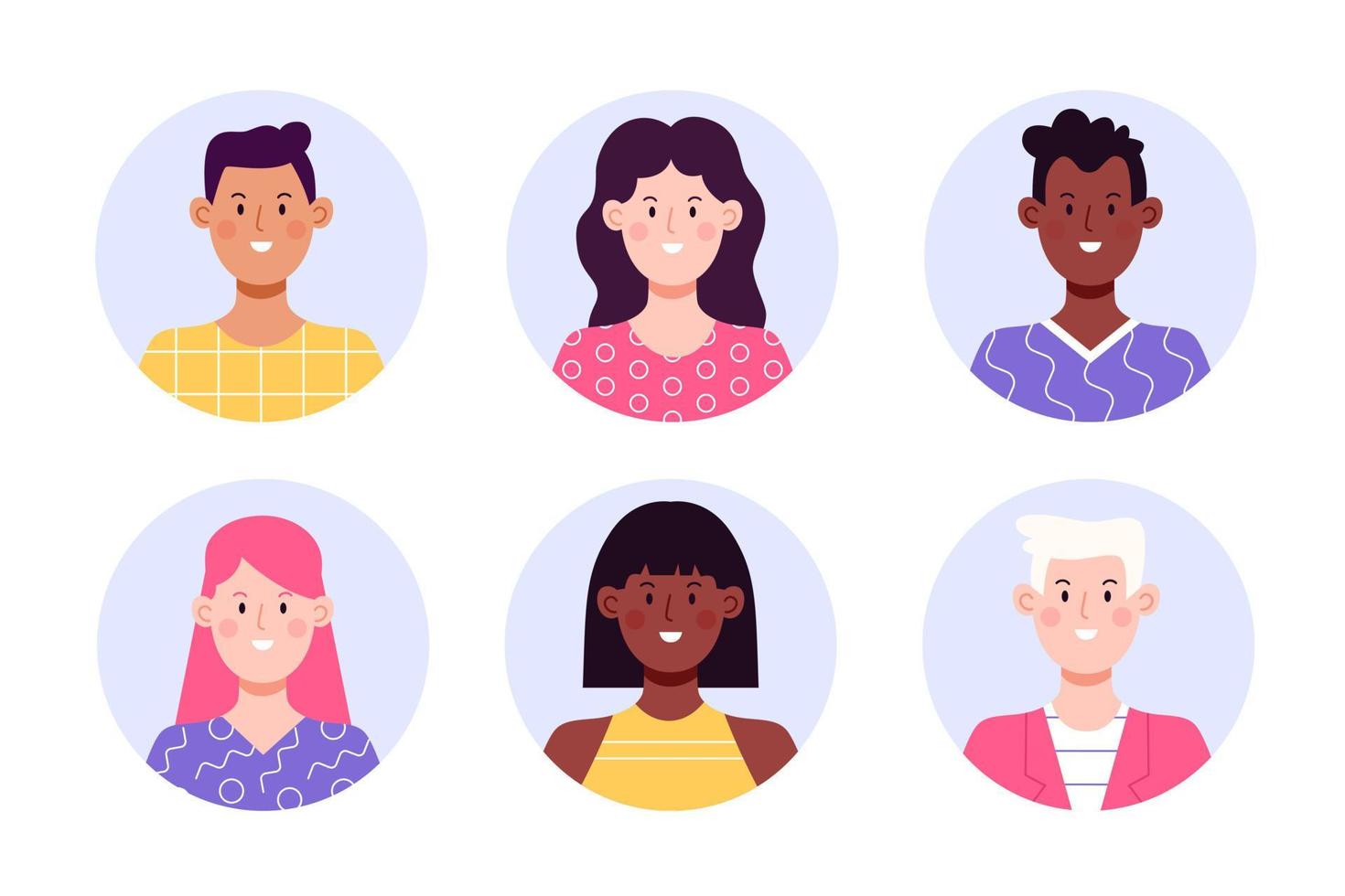 Set of circle face avatar. Collection of multiracial male and female portraits for profile icons. Flat vector illustration.