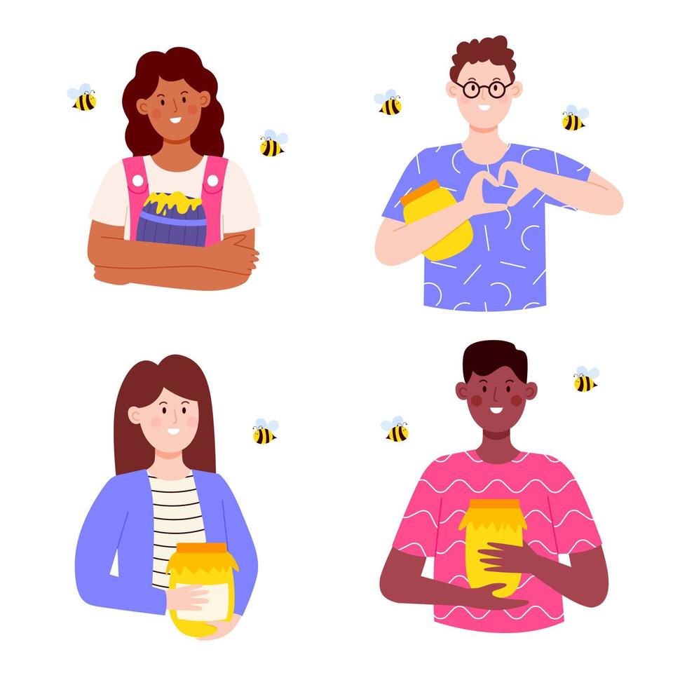 Set of people with a jar of honey. Male and female characters. Flat vector illustration isolated on white background.