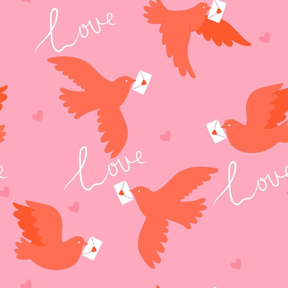 Valentine's day vibe seamless pattern with doves carrying letters. Vector graphics.