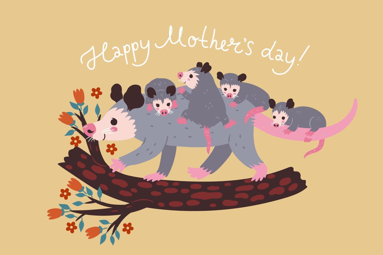 Mother's Day poster or card with opossum and cubs. Vector graphics.