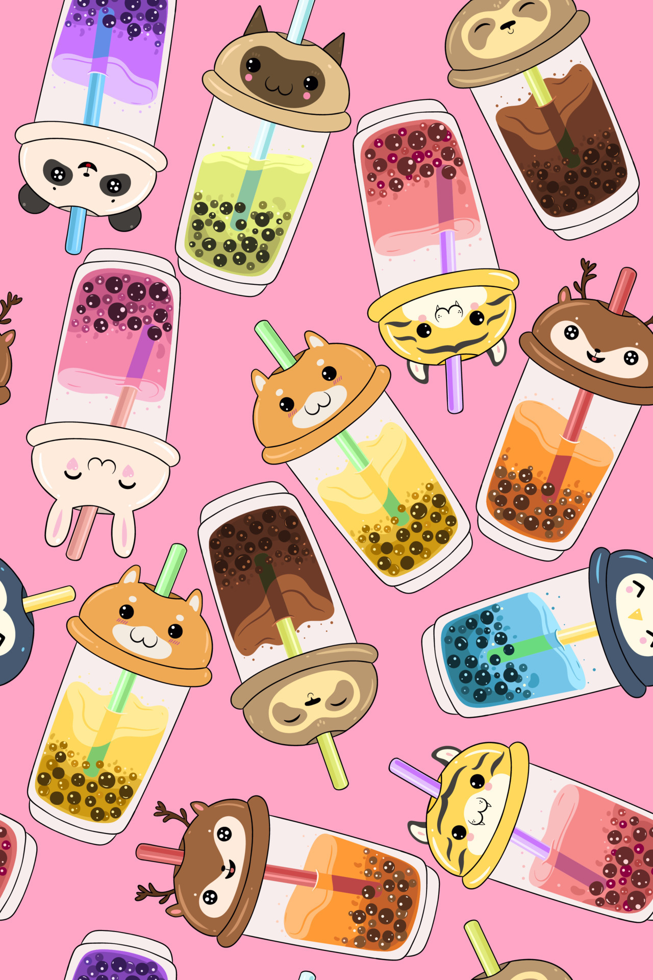 Seamless pattern with kawaii bubble tea with animal faces. Vector
