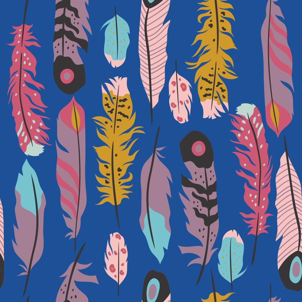Feathers seamless pattern in boho style. Vector graphics.