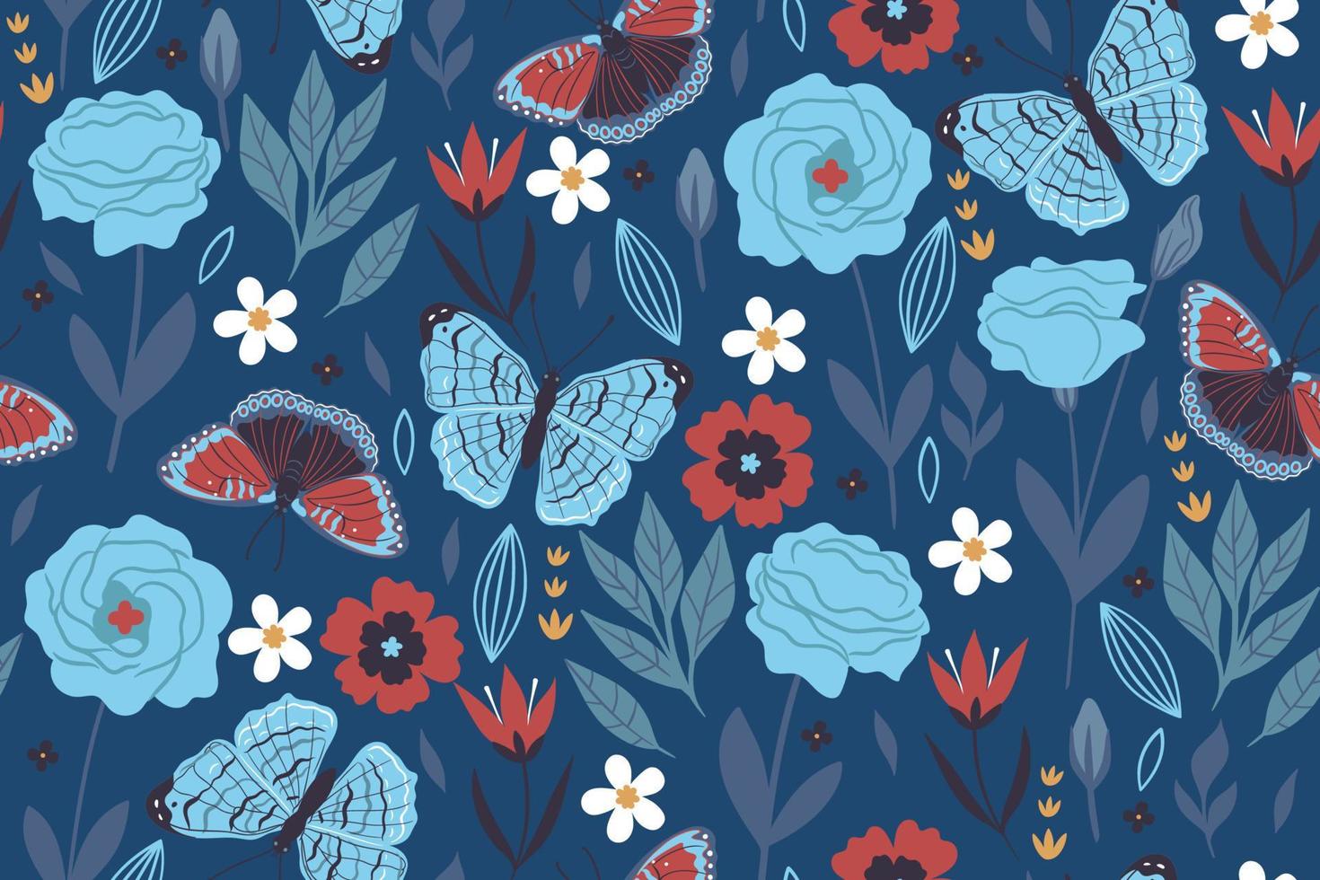 patrón impecable con mariposas y flores sobre un fondo azul. gráficos vectoriales vector