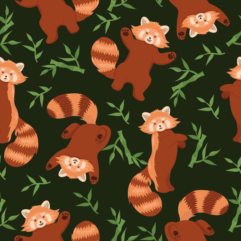 Seamless pattern with red pandas and bamboo on a green background. Vector graphics.