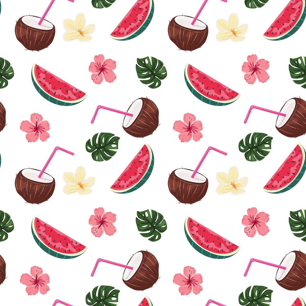 Seamless pattern with watermelon and coconut. Tropical background with fruits and flowers. vector