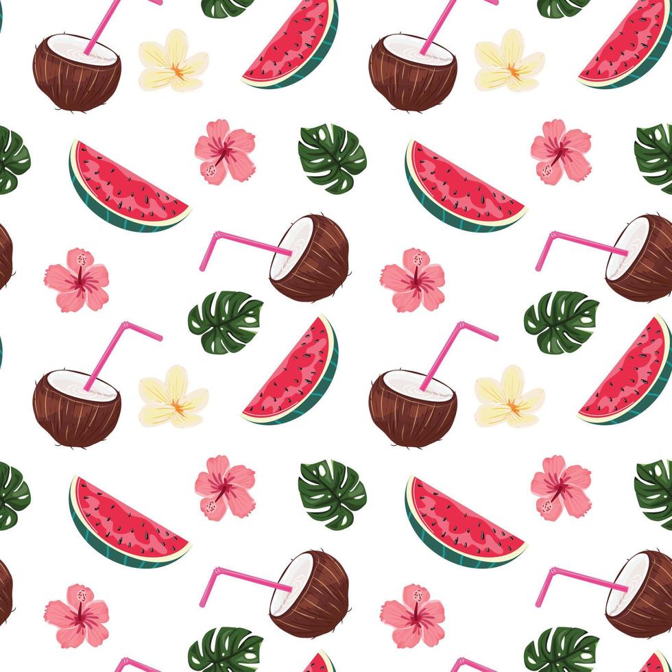 patrón sin costuras con sandía y coco. fondo tropical con frutas y flores. vector