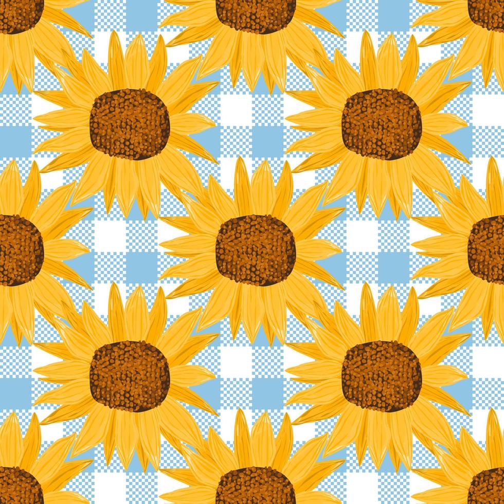 Seamless pattern with sunflowers on plaid background. Wrapping paper pattern. Watercolor vector. vector