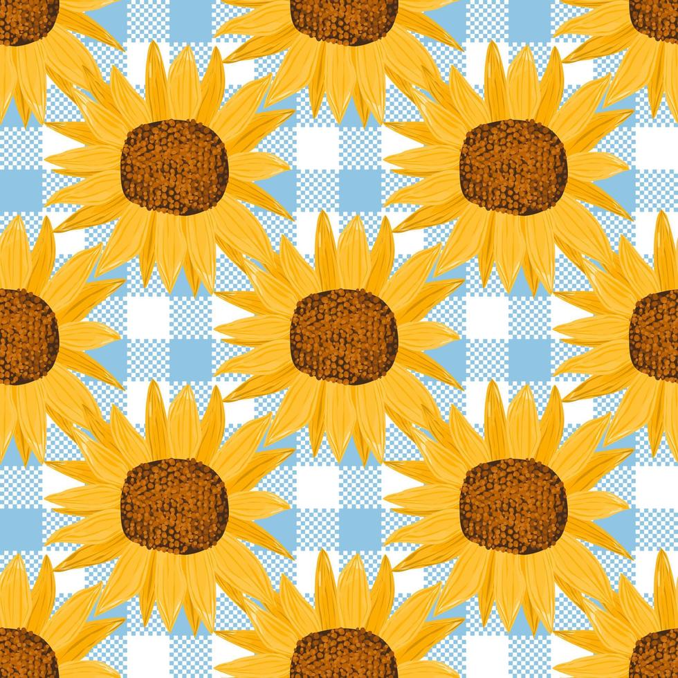 Seamless pattern with sunflowers on plaid background. Wrapping paper pattern. Watercolor vector. vector