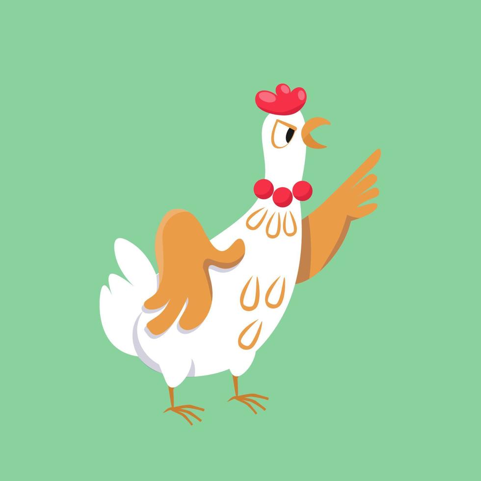 Cute serious chicken educates, reads morals to someone. Vector color illustration. Picture for design of posters, games, puzzles.