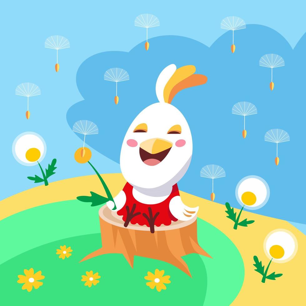 Funny chicken plays with dandelion in meadow. Nature in summer. Vector color illustration. Picture for design of posters, cards, puzzles.