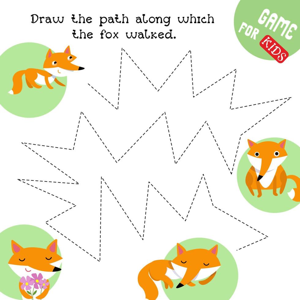 Educational game for children. Draw paths. Handwriting practice. Fox on walk in forest. Vector illustration.