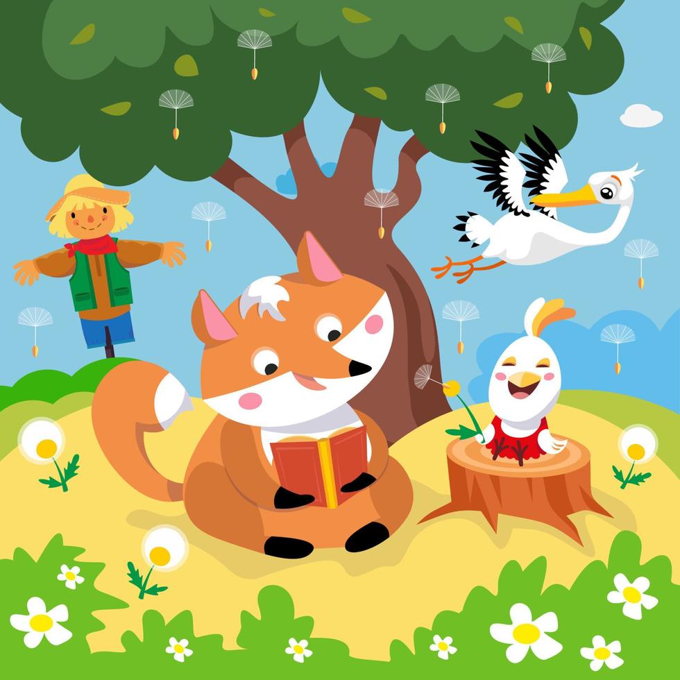 Fox reading book, chicken blow on dandelion. Vector color illustration. Picture for design of posters, books, puzzles.