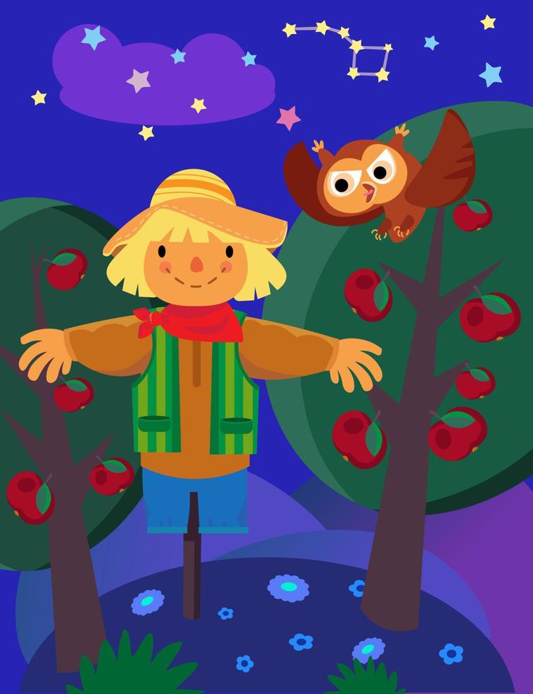 Funny scarecrow and owl at night among apple trees. Vector color illustration. Picture for design of posters, puzzles.