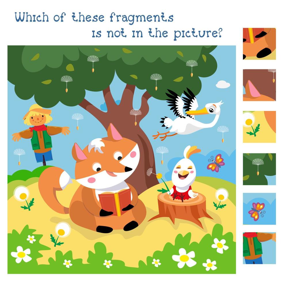 Find hidden fragments. Game for children. Funny family of rooster and hen with fox in chicken coop. Vector color illustration.