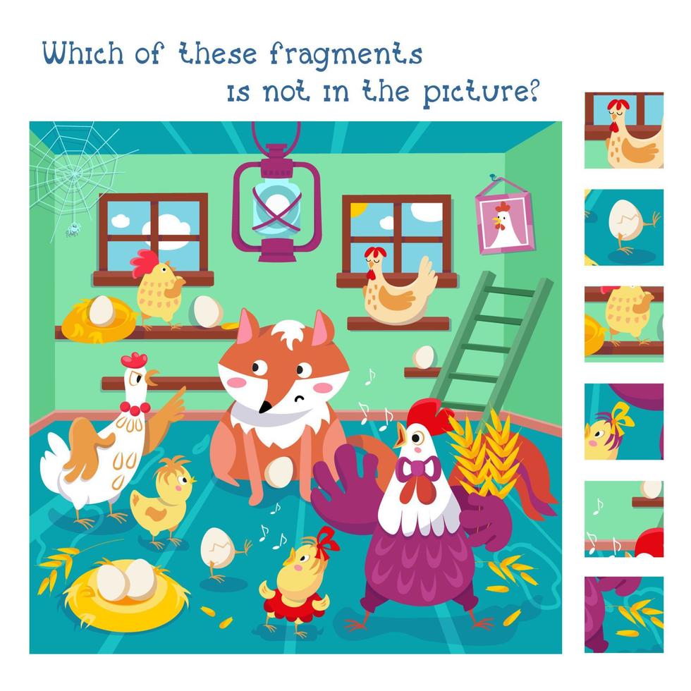 Find hidden fragments. Game for children. Funny family of rooster and hen with fox in chicken coop. Vector color illustration.