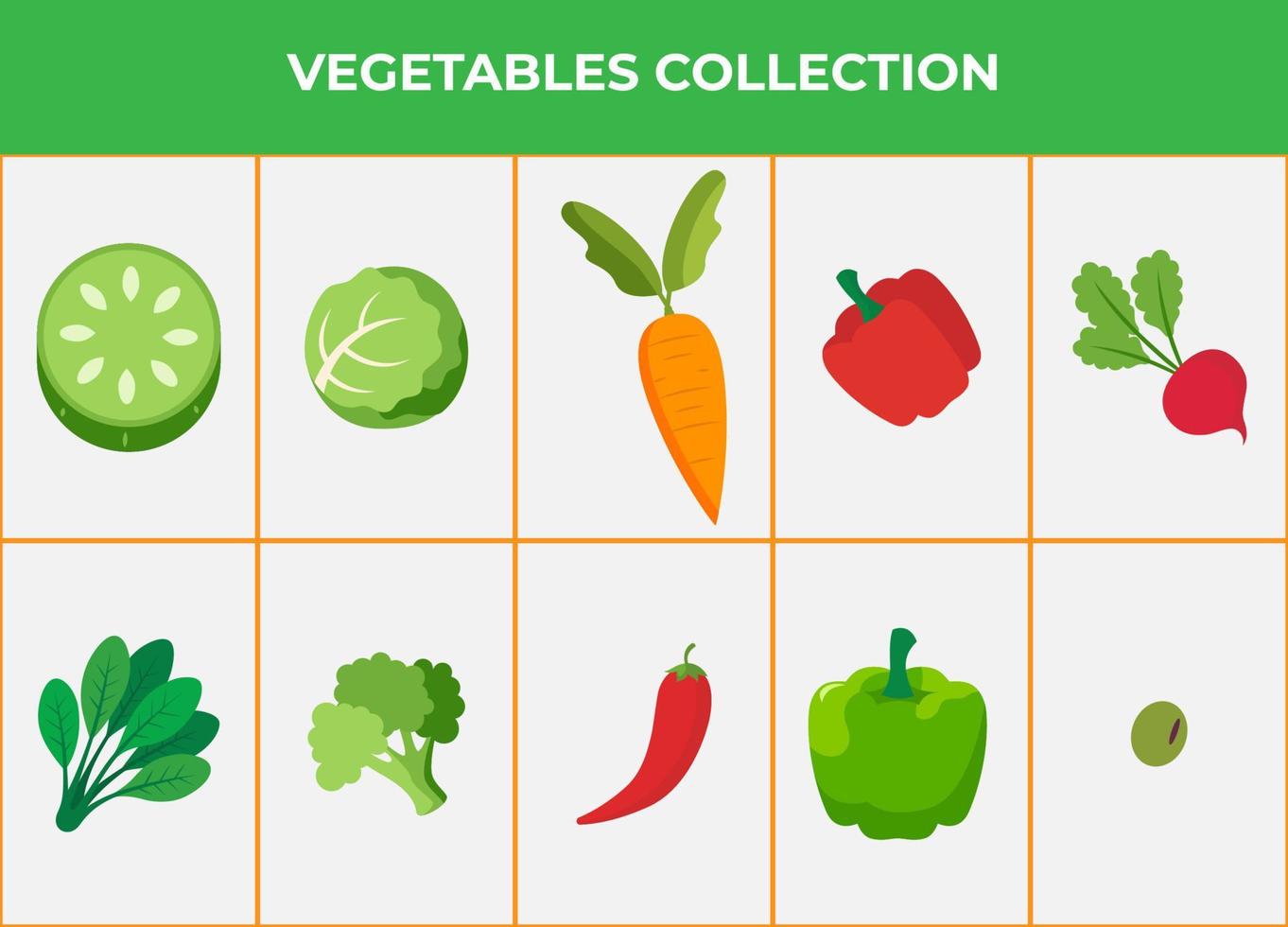 Set of flat vegetables vector. Icon set of healthy food. Vegetarian sign. Isolated on white background. Vector eps 10.