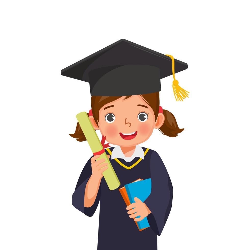 cute little schoolgirl in graduation hat and gown holding books and diploma certificate vector