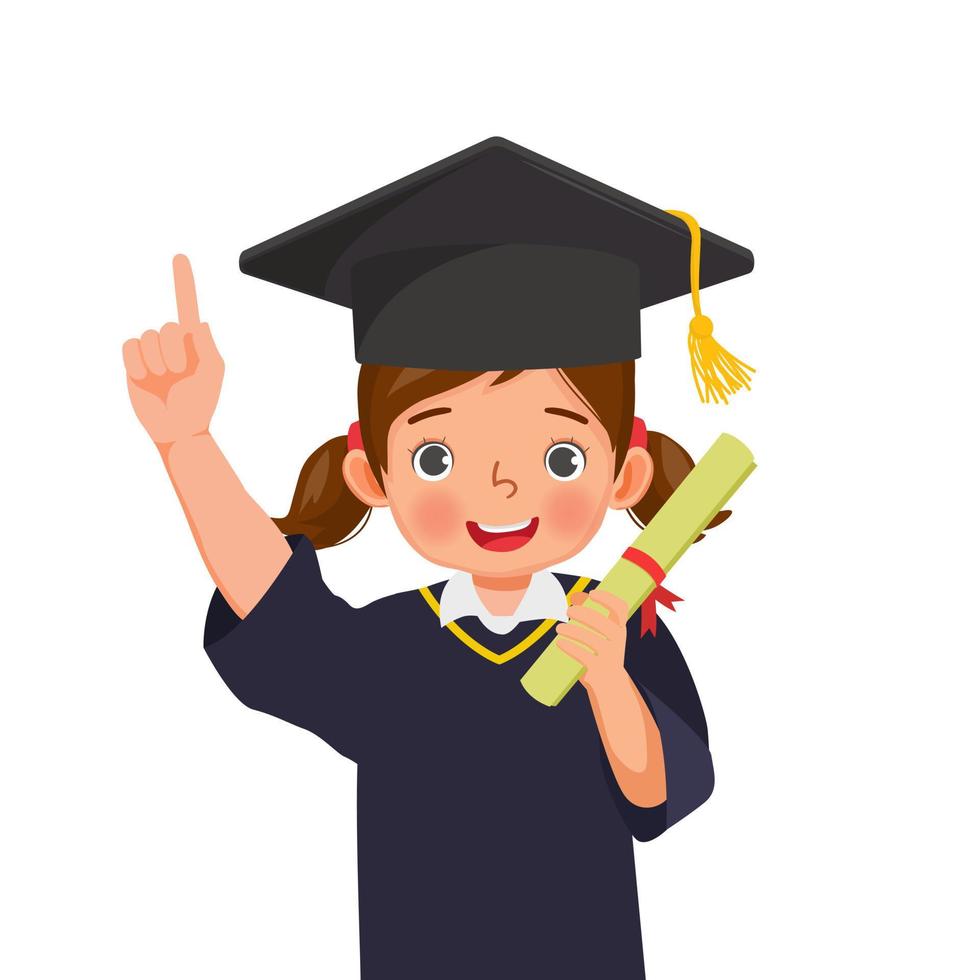 cute little schoolgirl in graduation hat and gown holding diploma certificate pointing finger up vector