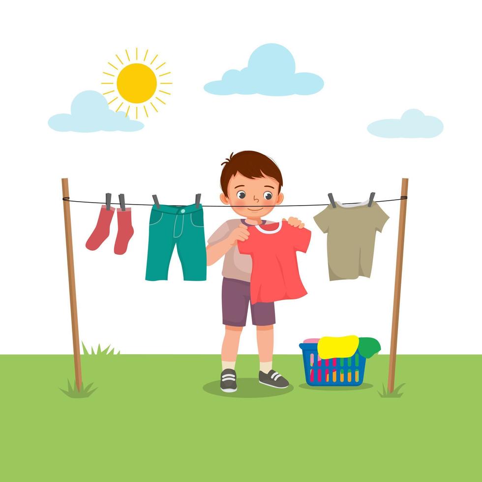 Cute little boy doing laundry chore hanging wet clothes outside under sunlight to dry on the backyard vector
