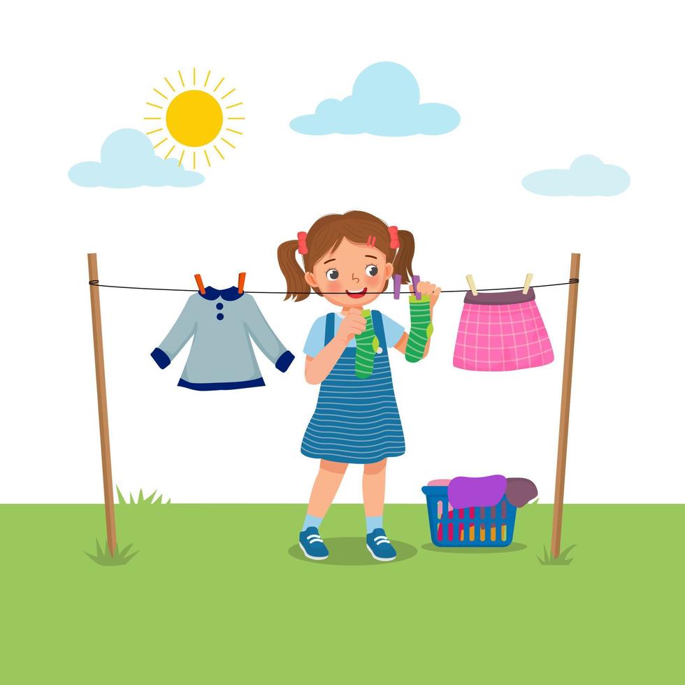 Cute little girl doing laundry chore hanging wet clothes outside under sunlight to dry on the backyard vector