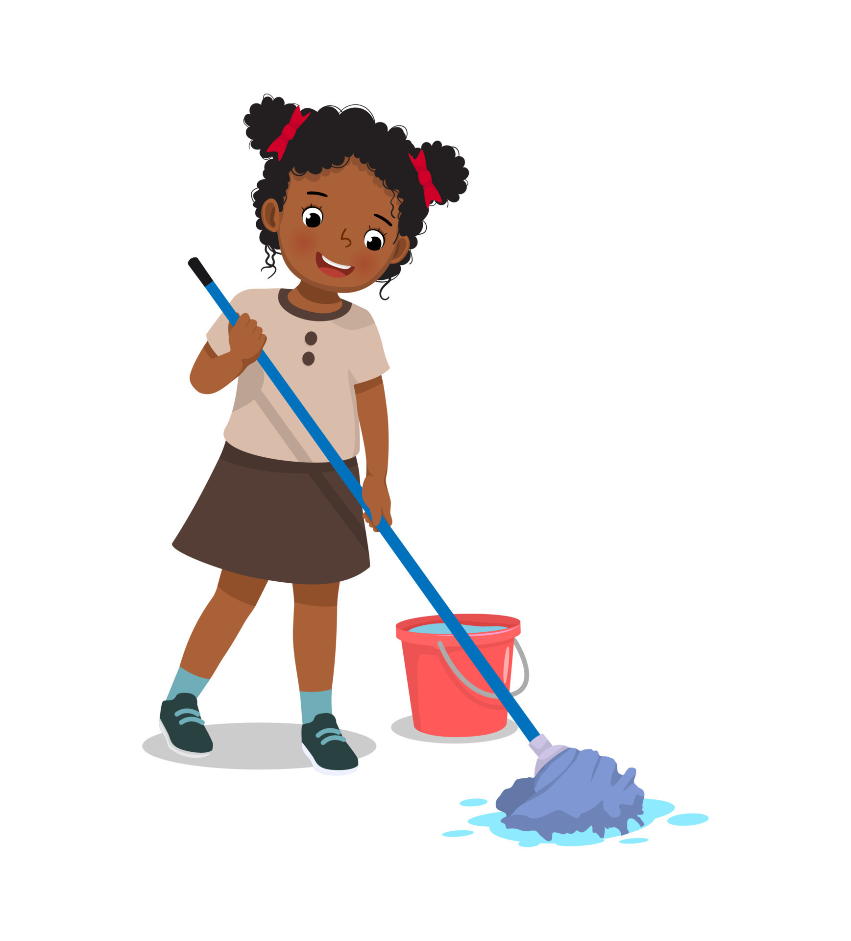 cute little African girl mopping the floor with mop and bucket doing