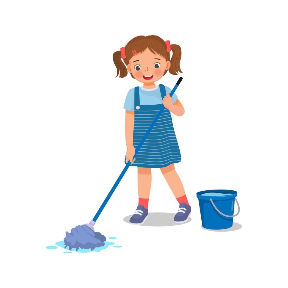 cute little girl mopping the floor with mop and bucket doing housework chore at home vector