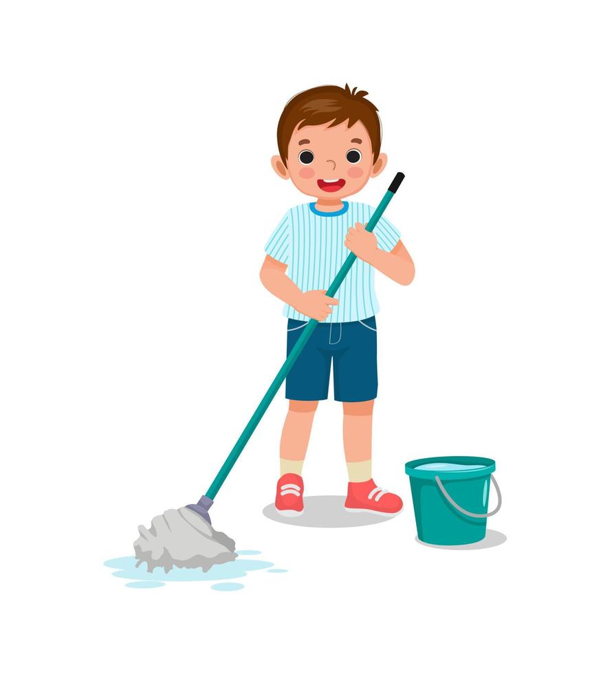 Happy little boy holding mop and bucket cleaning floor doing housework chore vector