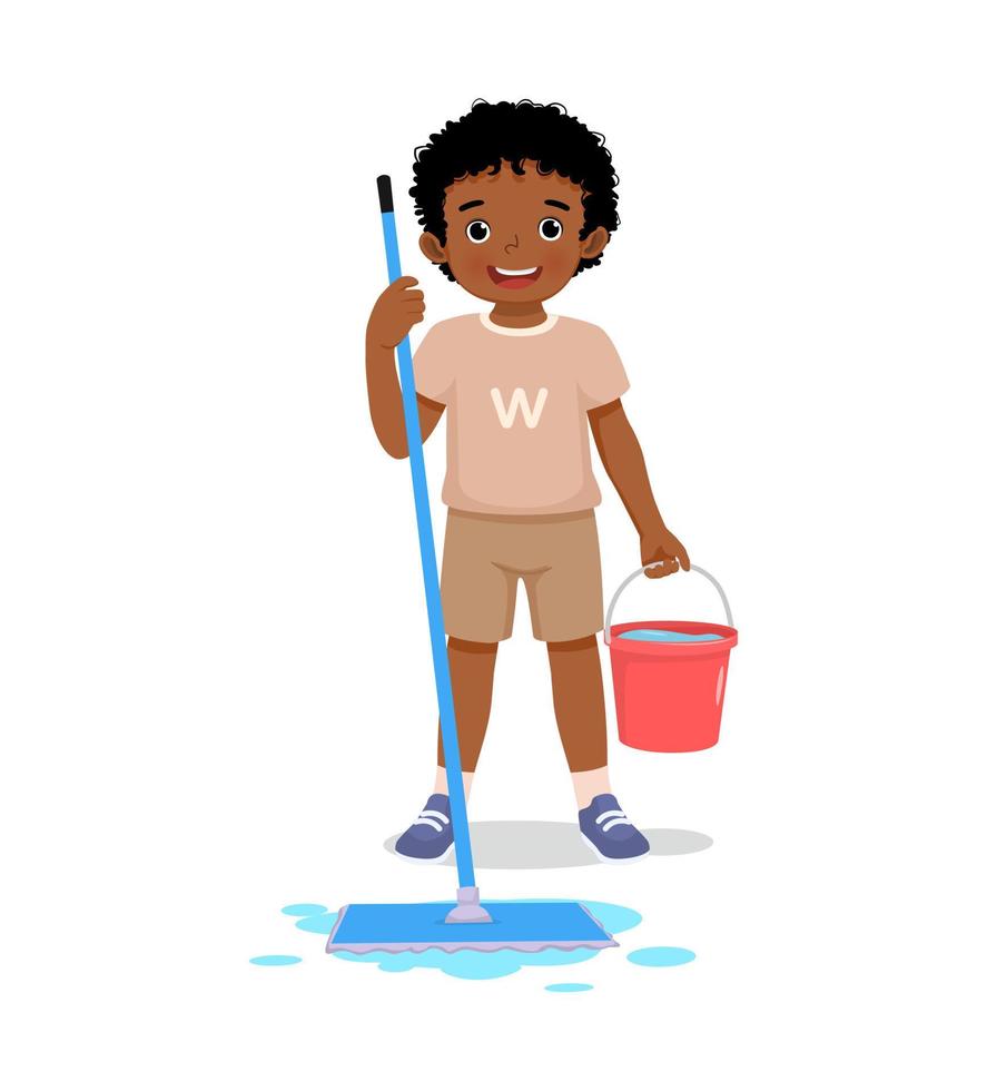 cute little African boy holding mop and bucket cleaning floor doing housework chore vector