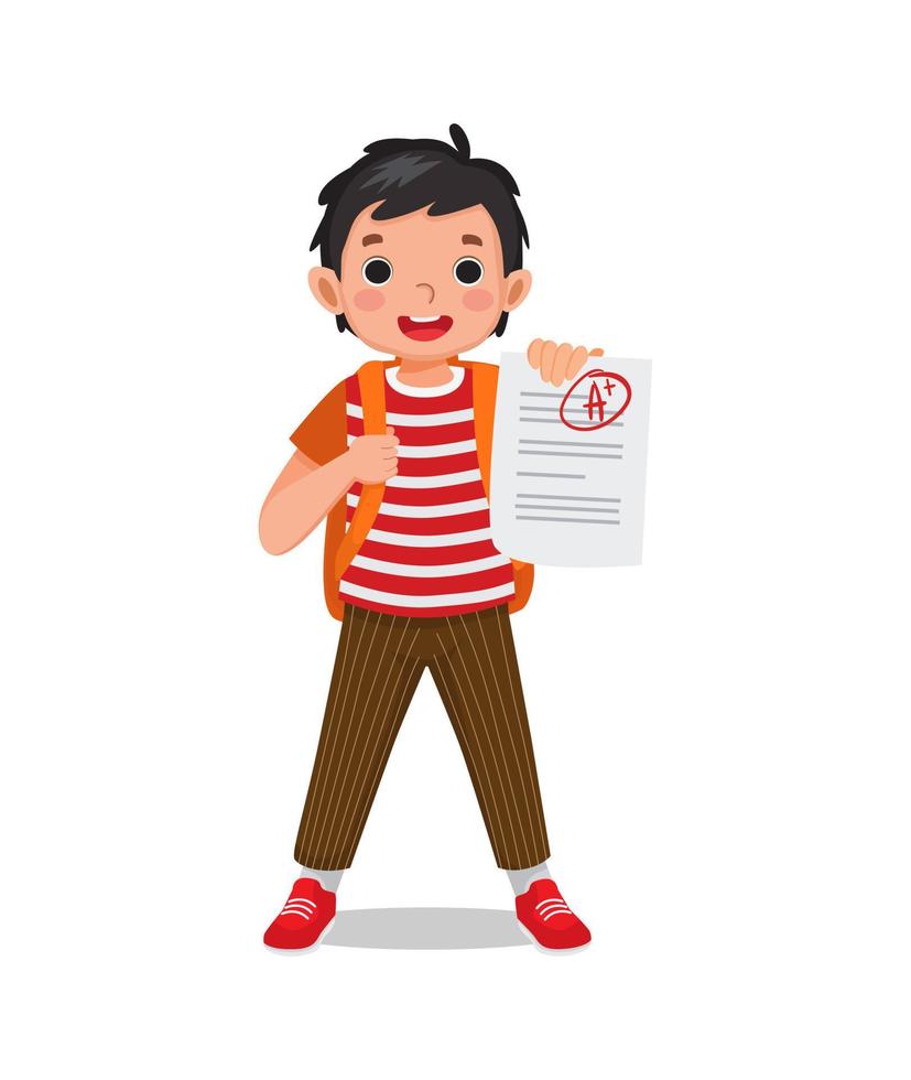 cute little schoolboy holding exam paper with good mark A plus grade in test result feeling happy vector