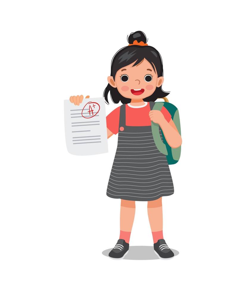cute little schoolgirl holding exam paper with good mark A plus grade in test result feeling happy vector