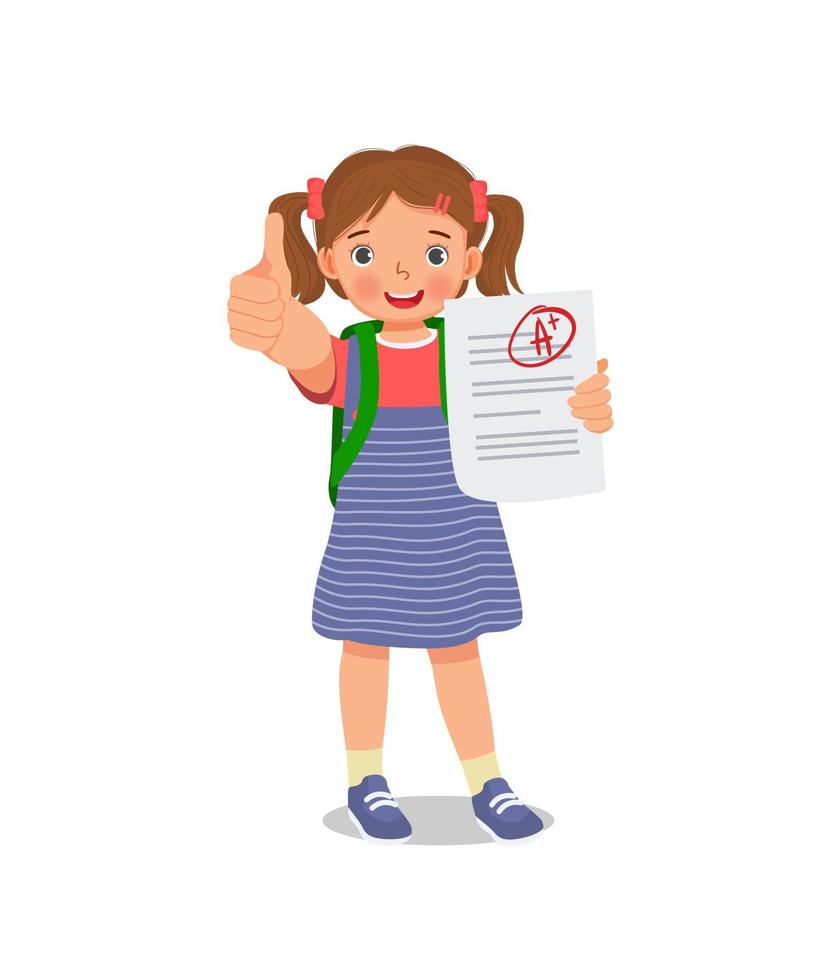 Happy little schoolgirl holding exam paper with good mark A plus grade in test result showing thumb up gesture vector