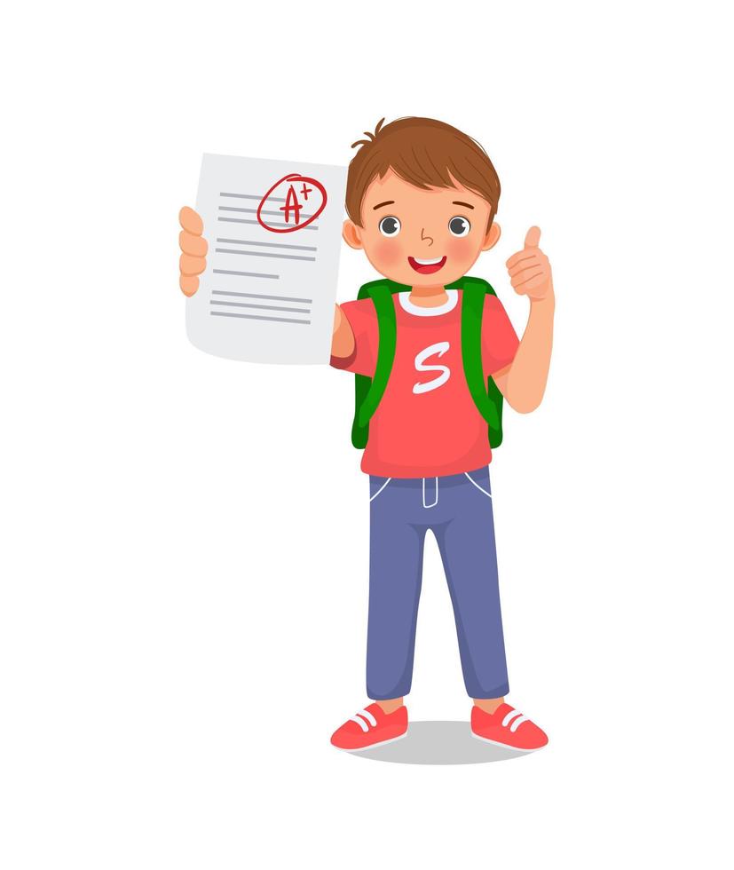 Happy little schoolboy holding exam paper with good mark A plus grade in test result showing thumb up gesture vector