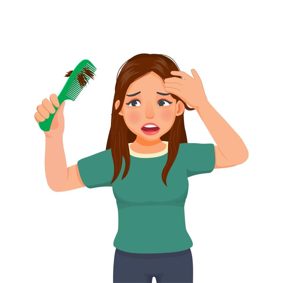 beautiful young woman looking surprise holding comb with hair loss problem vector
